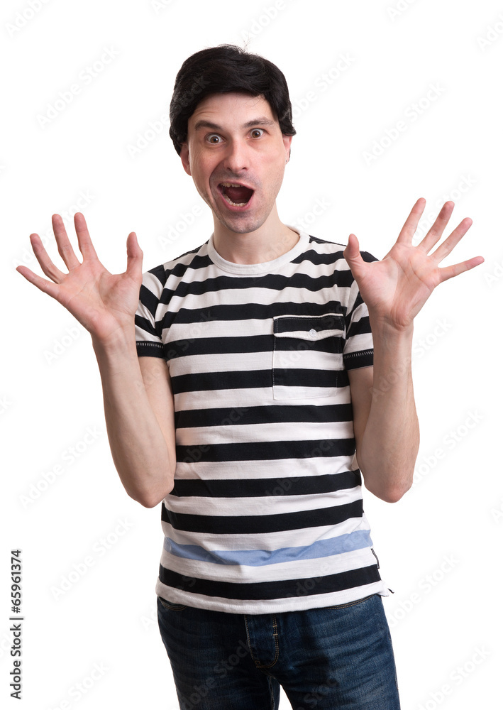 surprised man with raised hands surprised man with raised hands