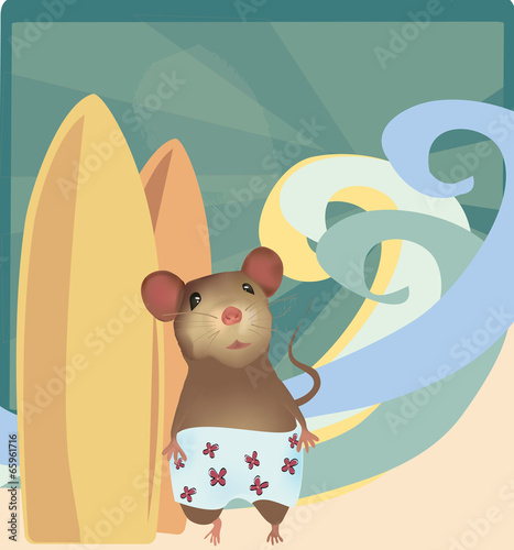 Mouse with Surf Boards with Waves and Sun Rays on the Beach