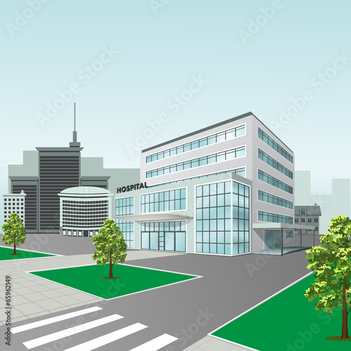 hospital building on city background in perspective
