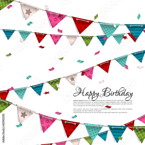 Vector birthday card with confetti and bunting flags.