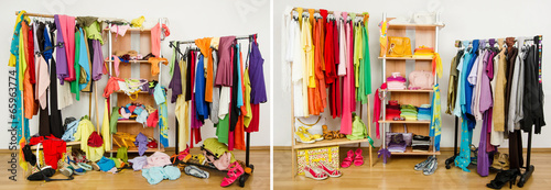 Dressing closet before messy after tidy arranged by colors.