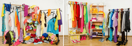 Wardrobe before messy after tidy arranged by colors.