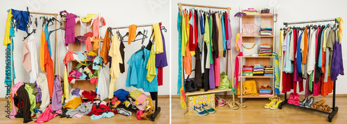 Wardrobe before untidy after tidy.Woman dressing messy-arranged.