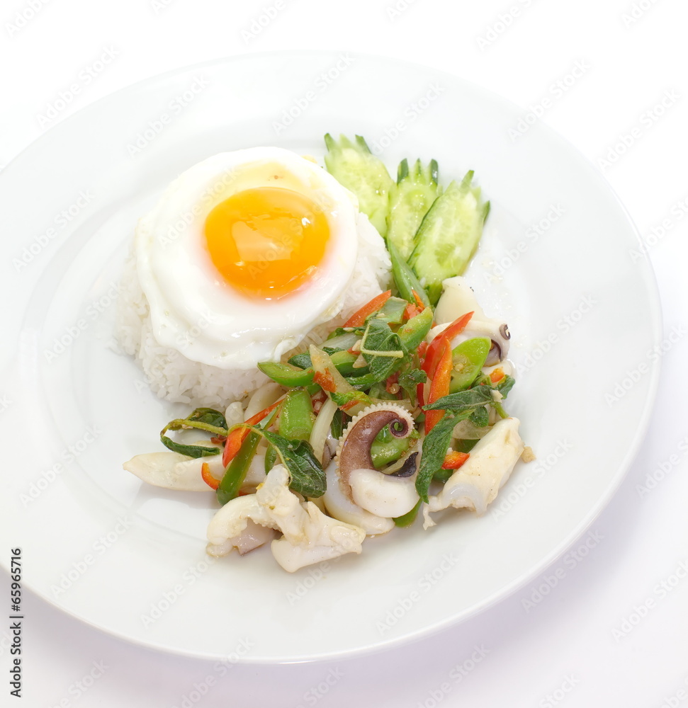 fried basil leaf with squid and white rice fried basil leaf with squid and white rice