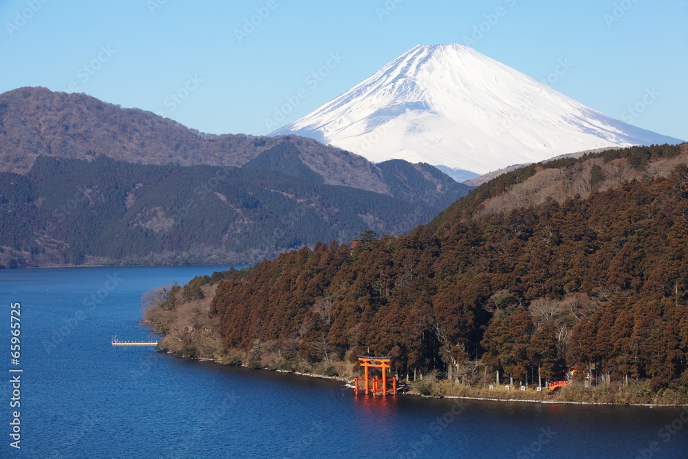 Mountain fuji and beautiful lake achi in winter season