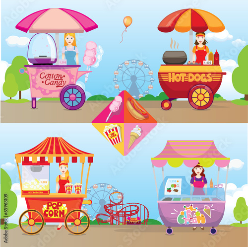 popcorn, cotton candy, ice cream, hot dogs set