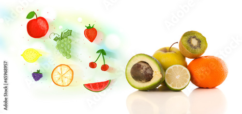 Fototapeta Naklejka Na Ścianę i Meble -  Colorful fruits with hand drawn illustrated fruits