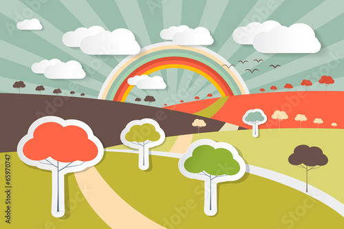 Nature Landscape Rural Scene Illustration with Paper Trees