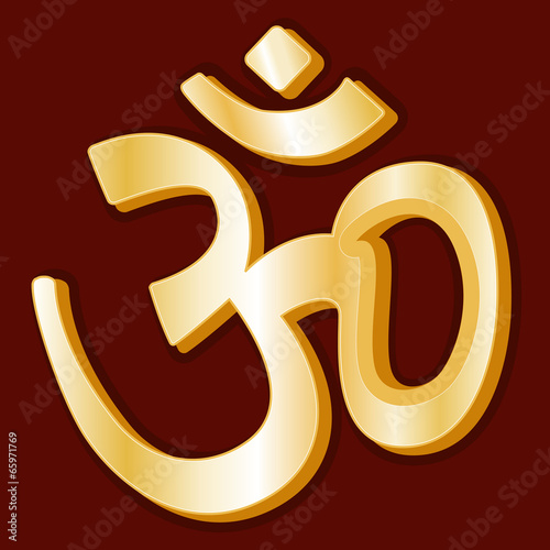 Hinduism Symbol, gold icon of Hindu faith, crimson background photo
