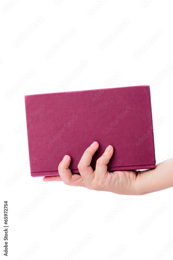 Pink book with hand isolated on white background Pink book with hand isolated on white background