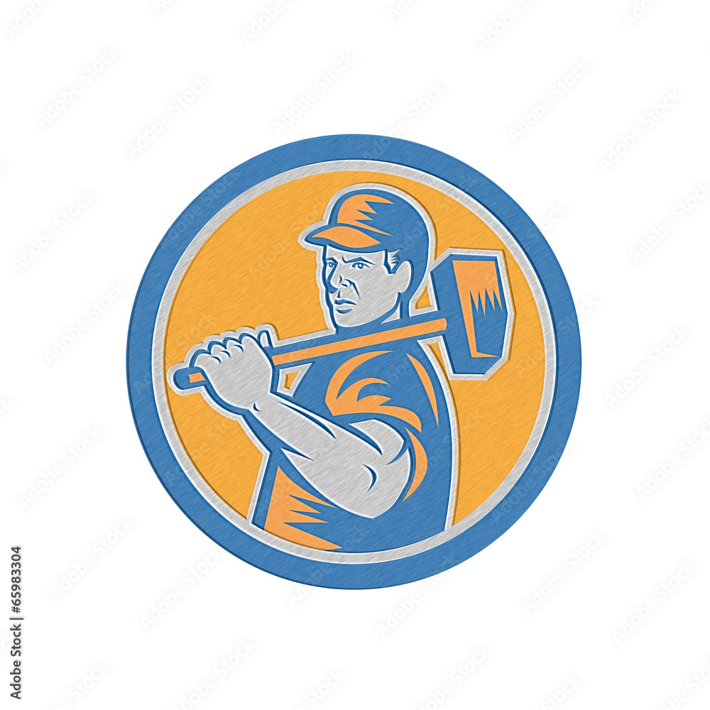 Metallic Union Worker Holding Sledgehammer Circle Retro Metallic Union Worker Holding Sledgehammer Circle Retro