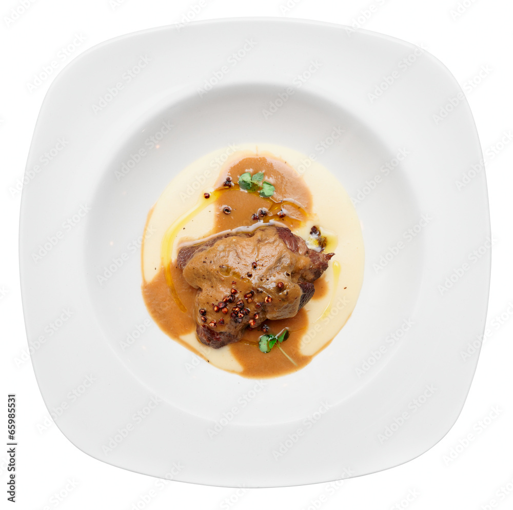 Stewed veal with potato mash, isolated