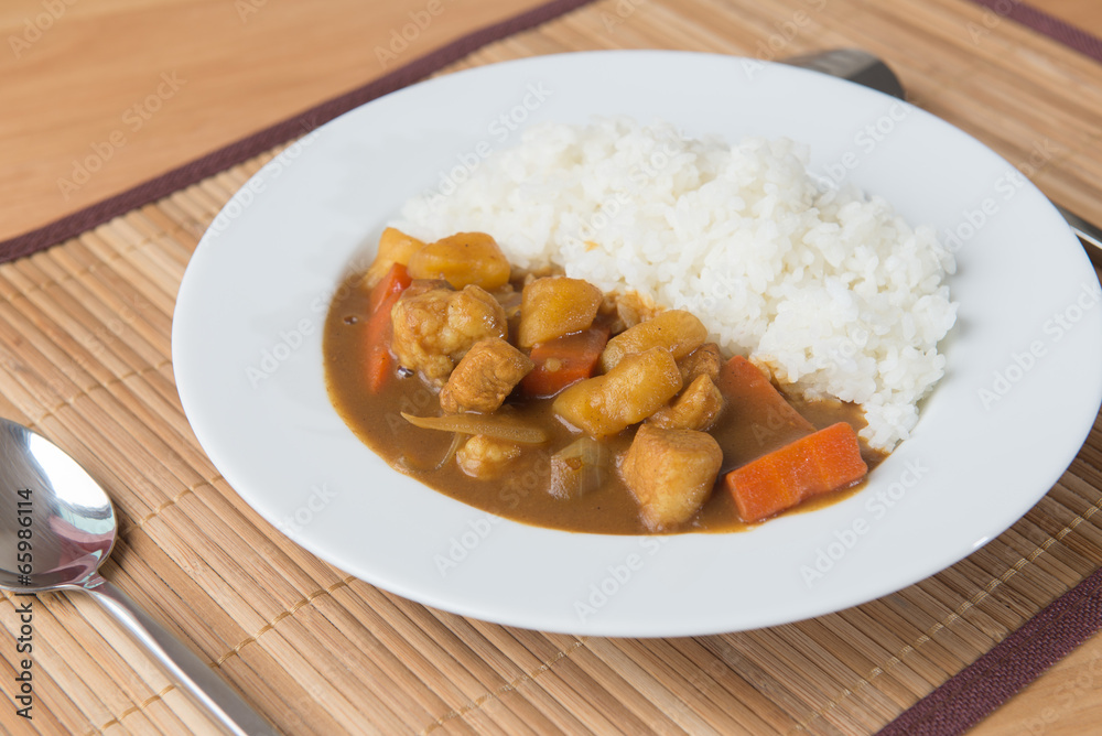Japanese Curry with rice on table ready to serve Japanese Curry with rice on table ready to serve
