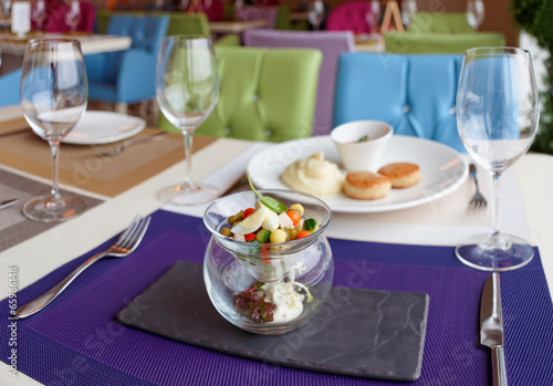 Cutlets  potato mash and vegetable salad on restaurant table