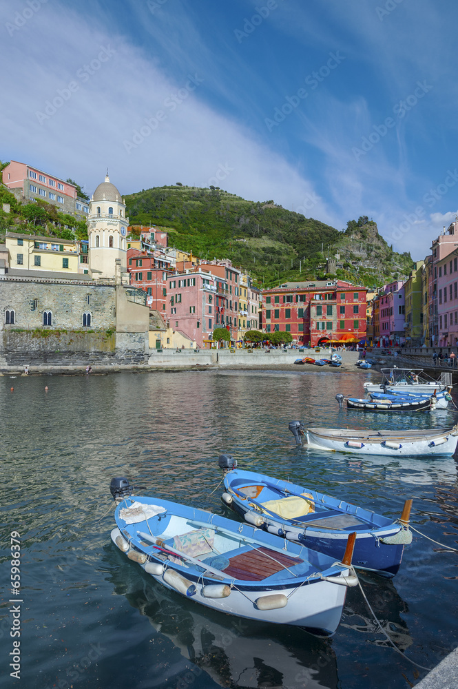 Boats in the quaint port of Vernazza, Cinque Terre - Italy.