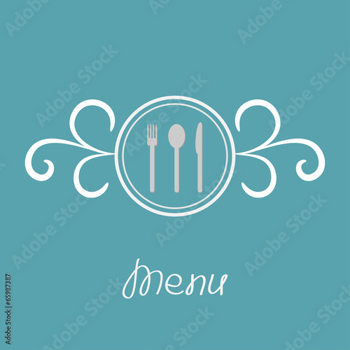 Silver fork, knife, spoon inside round calligraphic frame. Menu