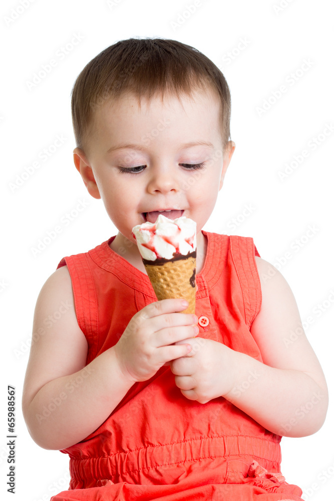 joyful child girl eating ice cream in studio isolated joyful child girl eating ice cream in studio isolated