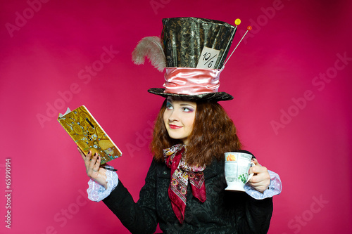 Portrait of young woman in the similitude of the Hatter (
