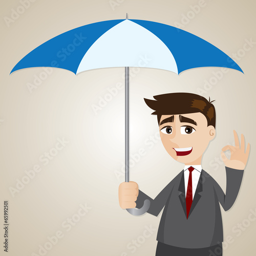 cartoon businessman holding umbrella