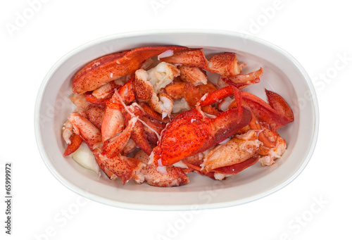 Cooked lobster in a small baking dish
