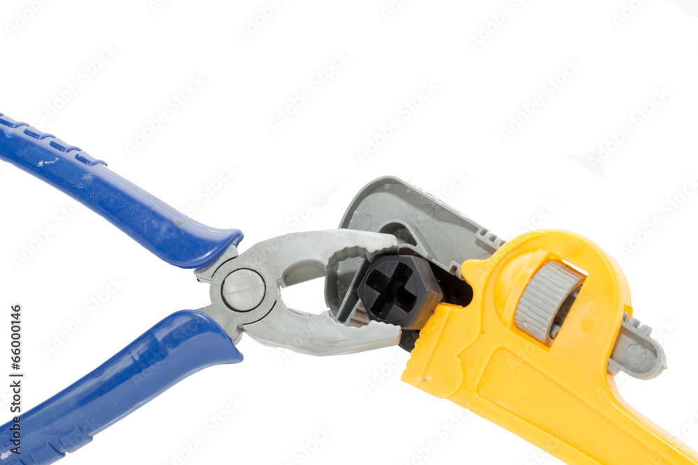 Toy plastic tools isolated on white background Toy plastic tools isolated on white background