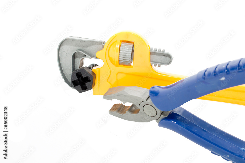 Toy plastic tools isolated on white background Toy plastic tools isolated on white background