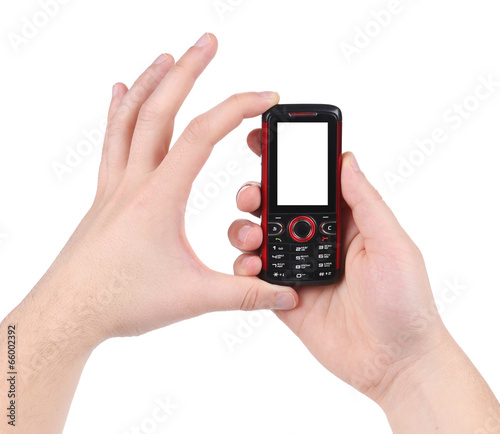 Hand holds red-black cell phone.