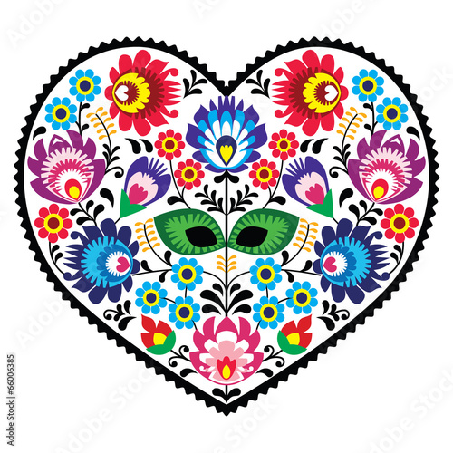 Photo Polish folk art art heart with flowers - wzory lowickie