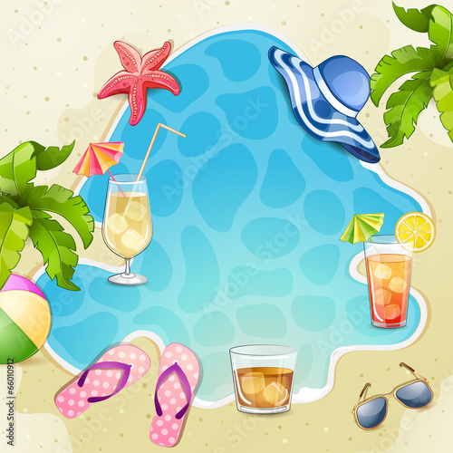 Summer beach  illustration with cocktail glasses.