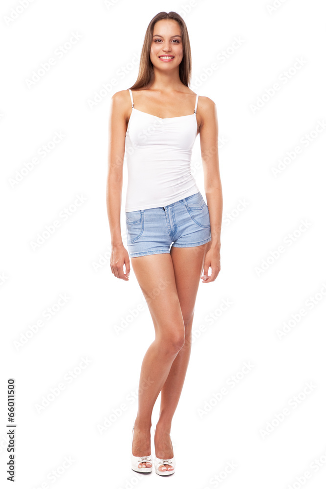 Young beautiful female model on white background Young beautiful female model on white background