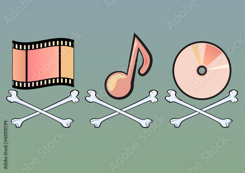 Pirate style signs with movie roll and musical note and disk