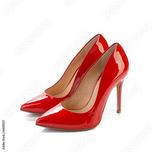 Red high heel women classic shoes on white background