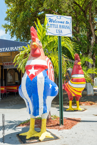 Rooster with the cuban and the american flags in Little Havana,