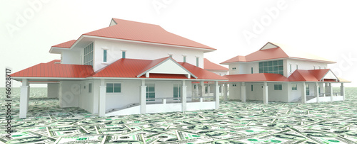 Red 3D houses on the pile of money in isolated background