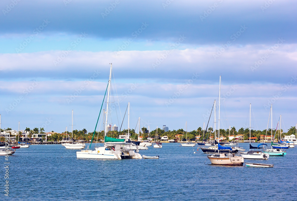 Yachts anchored in Miami city marina, Florida USA