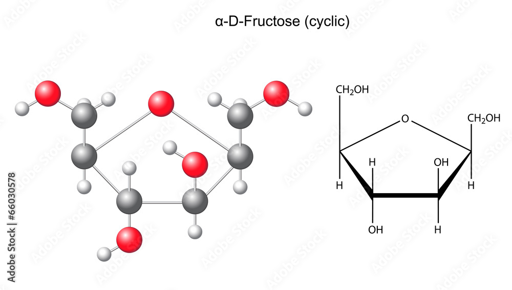 Сhemical formula and model of fructose (alpha-D- fructose)