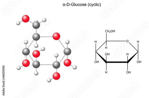 Structural chemical formula and model of alpha-D- glucose