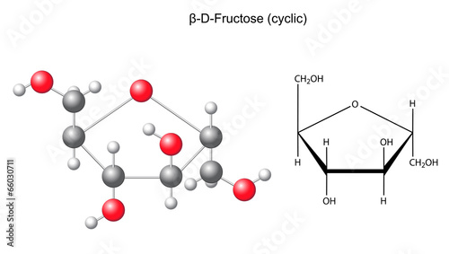 Сhemical formula and model of fructose (beta-D-fructose)