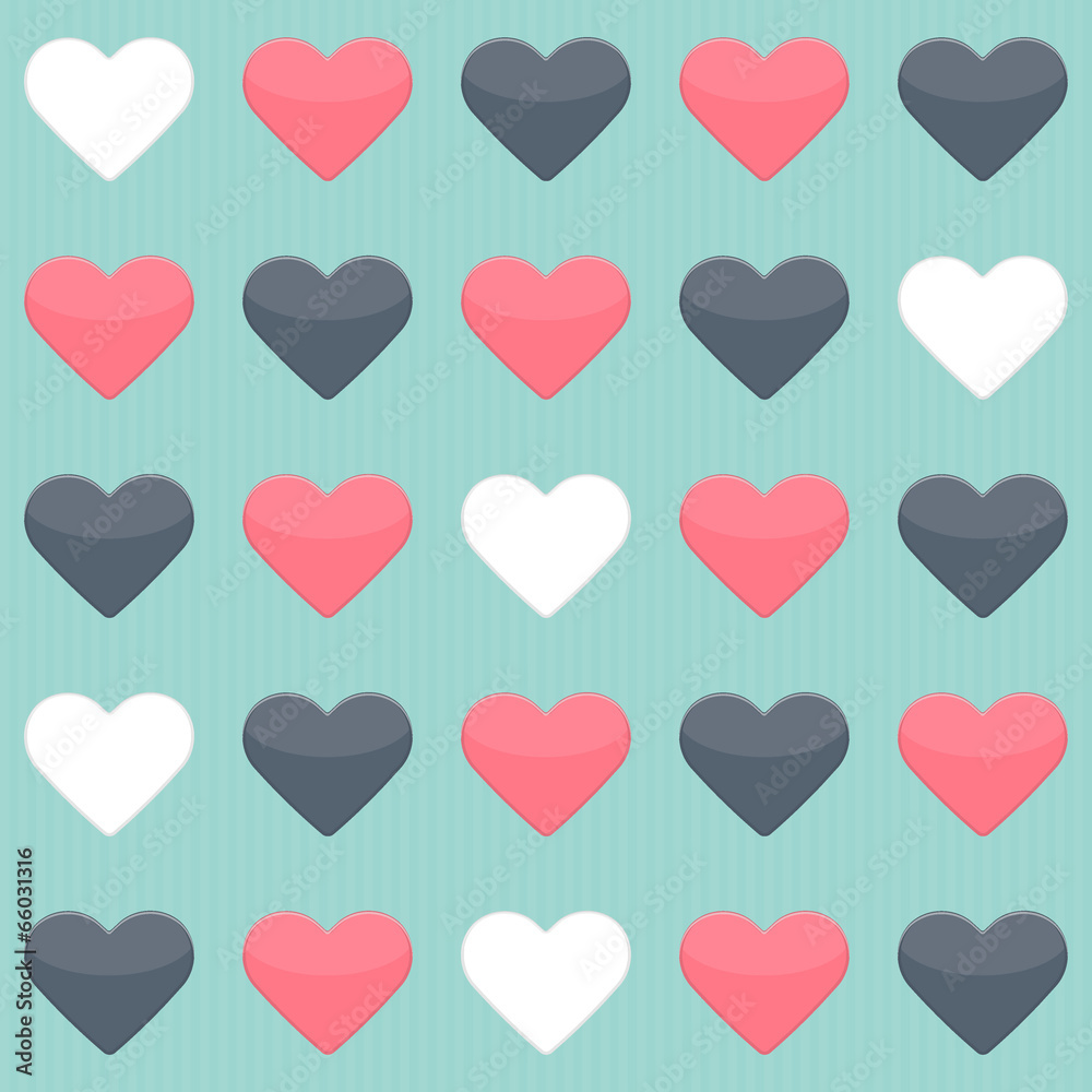 Seamless pattern with blue red and white hearts over mint