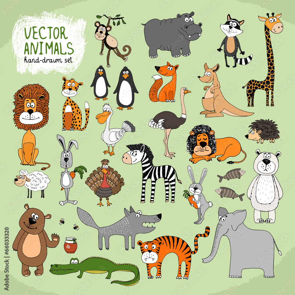 Naklejka premium Hand-drawn vector wild animals collection