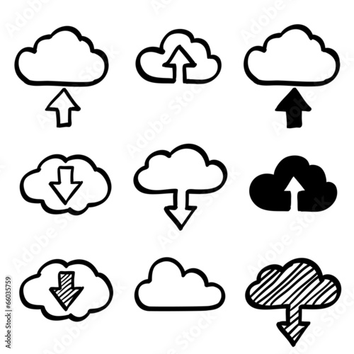 Hand draw doodle cloud shapes collection. Icons for computing