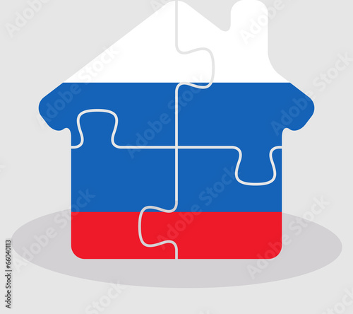 house home icon with Russian flag in puzzle isolated on white ba