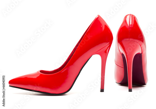 Valokuva Red high heel shoes isolated on white