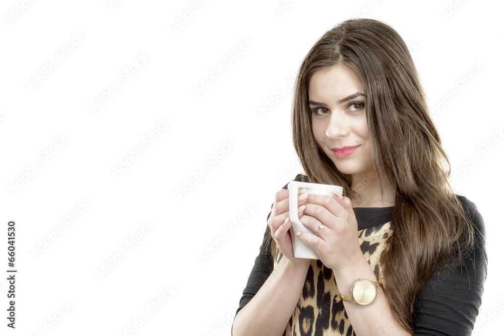 Beautiful young woman with cup of coffee, isolated on white back Beautiful young woman with cup of coffee, isolated on white back