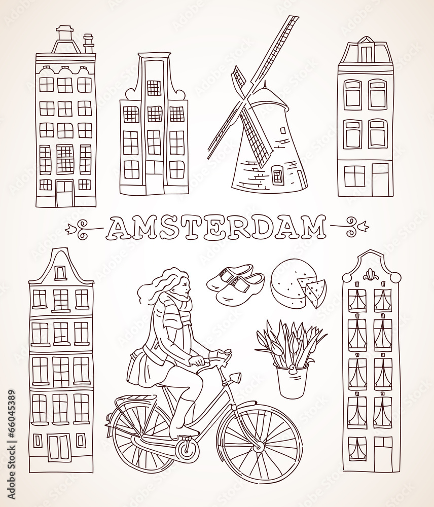 Fototapeta premium Vector set: homes, tulips, bicycle, mill, clogs amsterdam