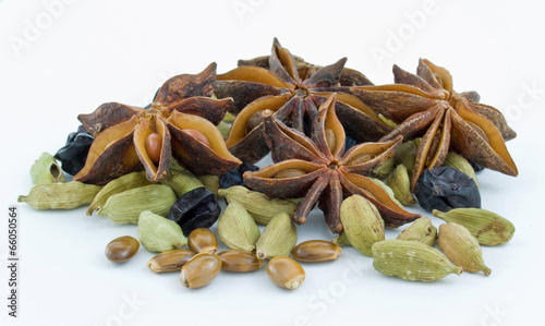 star anise ,barberry ,cinnamon, cardamom, on white background