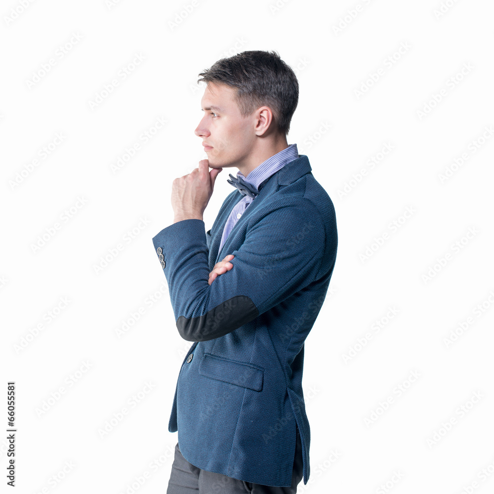 Pensive young handsome man in classical costume doubt think Pensive young handsome man in classical costume doubt think