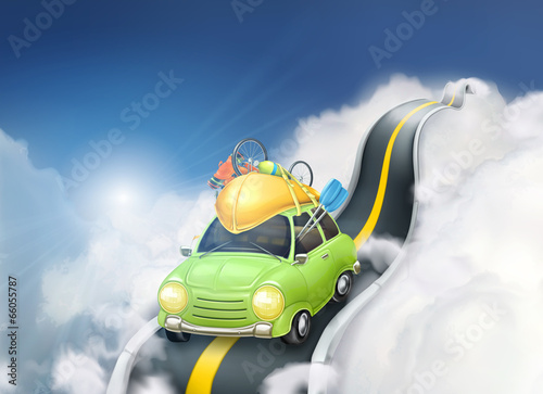 Traveling by car in the clouds, vector background