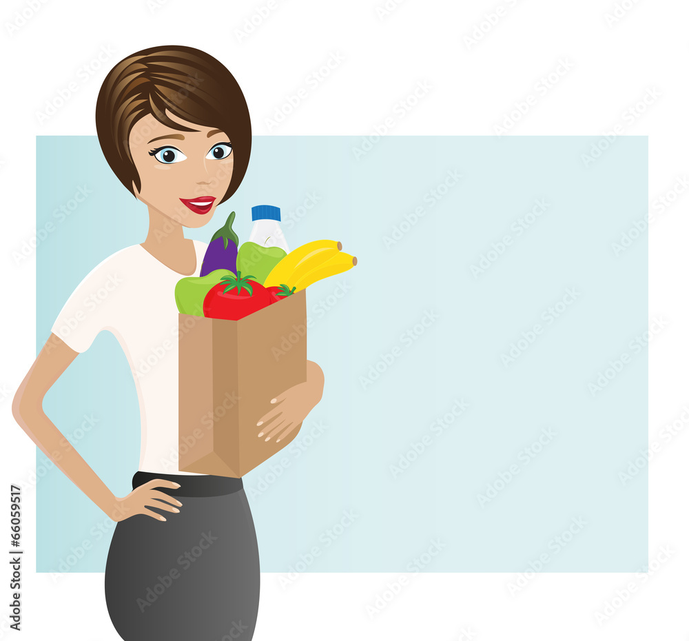 Woman Holding Bag With Healthy Groceries Woman Holding Bag With Healthy Groceries
