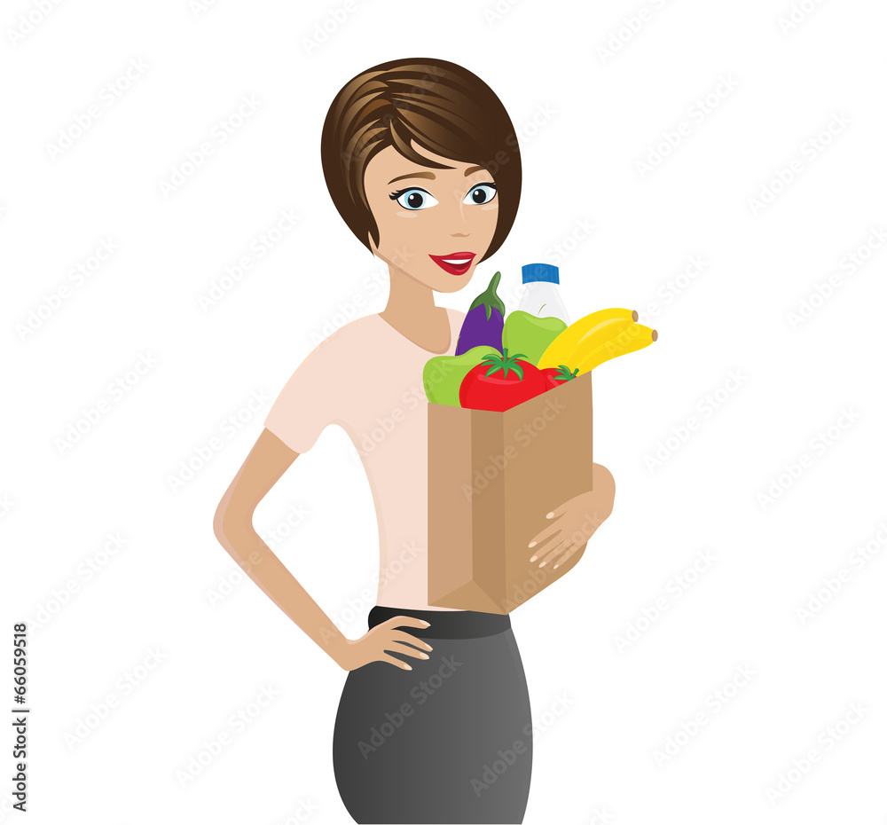 Woman Holding Bag With Healthy Groceries Woman Holding Bag With Healthy Groceries